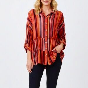 Gigio Top Tunic Coral Orange Striped Tiered M Boho Casual Oversized Relaxed
